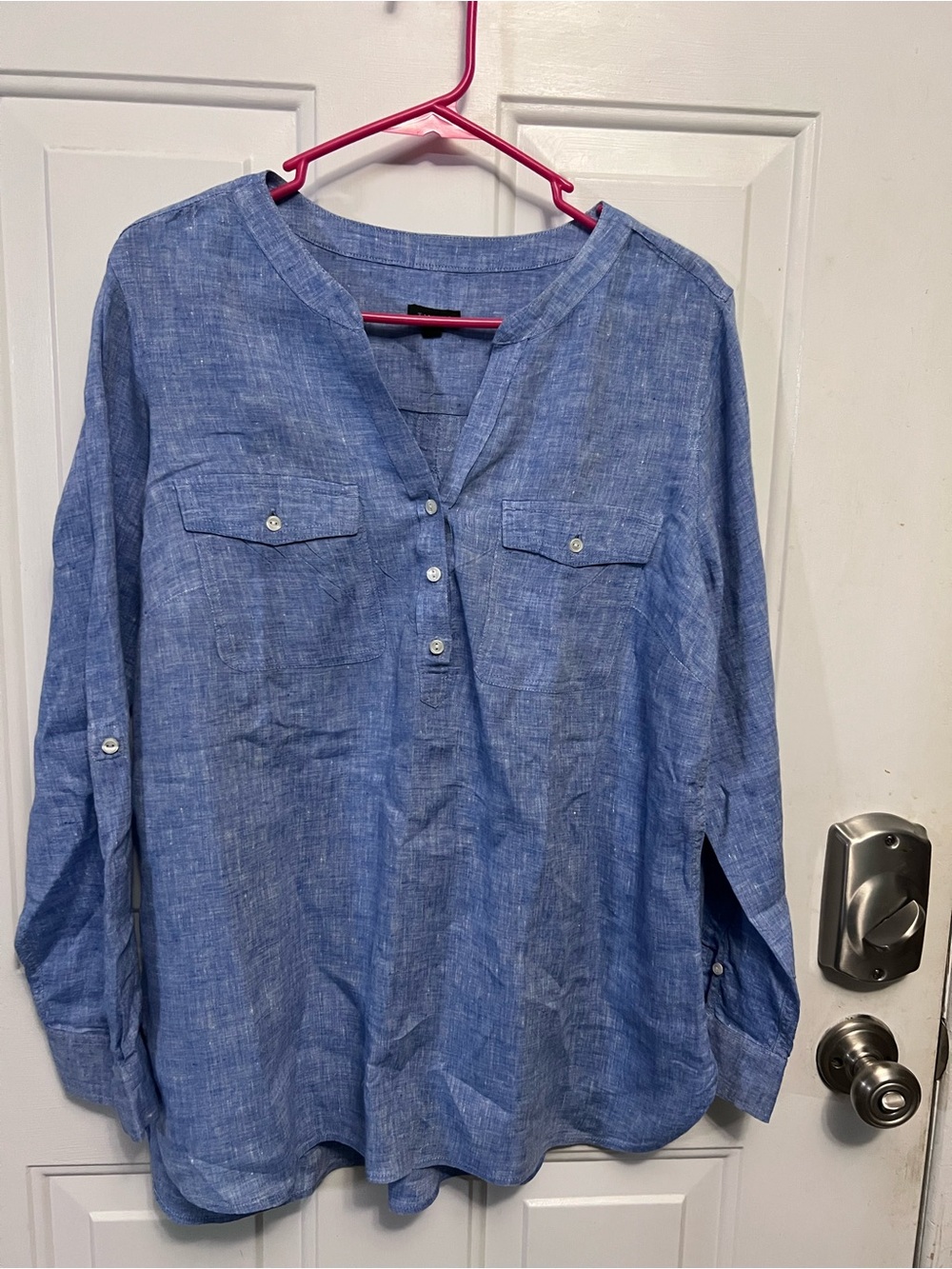 Talbots L Blue 100% Linen Popover Shirt Button Front Chest Pockets Roll Tab